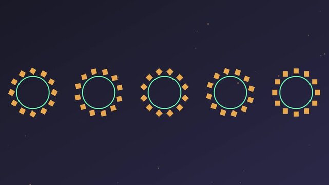 Abstract loading animation with rotating geometric circles and squares on dark 4k background, motion