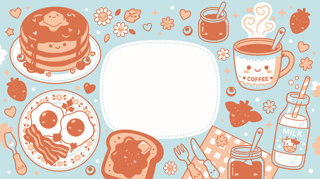 Kawaii breakfast food illustration featuring cute pancakes eggs and coffee frame on light blue background with white copy space