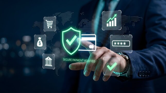 Secure payment, online banking, e-commerce icons, cyber security concept, businessman interacting with digital interface