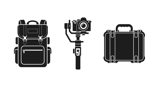 Photography Gear: Backpack, Gimbal Stabilizer with Camera, and Hard Case Icons