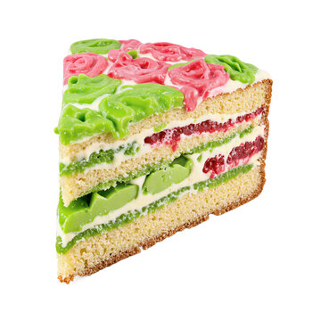 Cassata cake slice isolated on transparent background with pink and green marzipan rosettes for festive Italian dessert