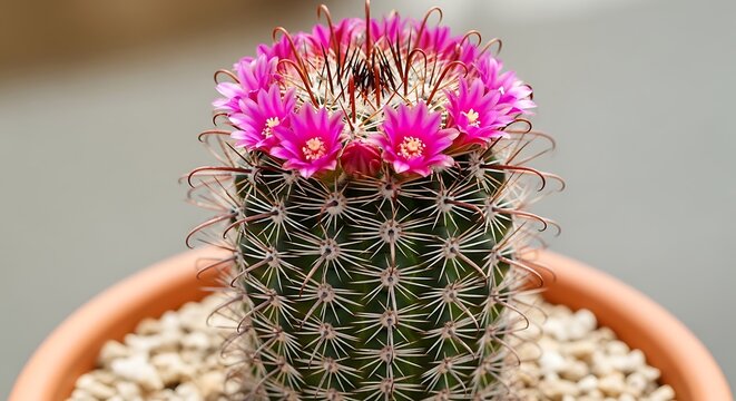 Close-Up of Pink Flower Blossoming on Cactus Plant in Potted Arrangement.