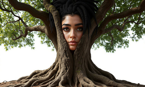 Woman tree surreal portrait of a beautiful woman emerging from the trunk of an ancient banyan tree with deep roots