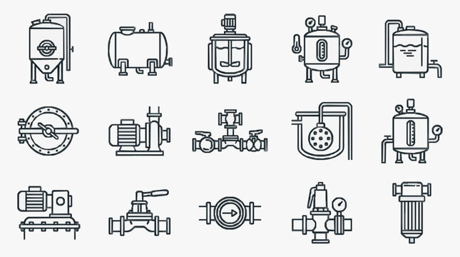 Minimalist Black and White Line Drawing Set of Industrial Equipment and Brewery Machinery Icons