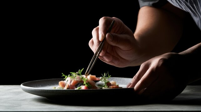 A chef meticulously garnishes a dish with herbs using chopsticks. The close-up shot focuses on the hands and the art of culinary preparation, set against a dark, moody background