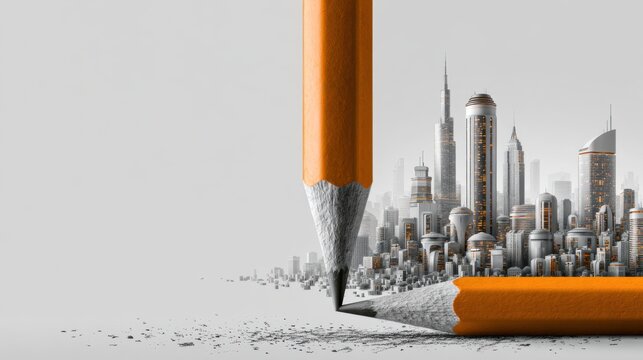 A creative concept where a pencil draws a city skyline on a white surface. The pencil is sharp and ready to sketch, with graphite shavings scattered around it.