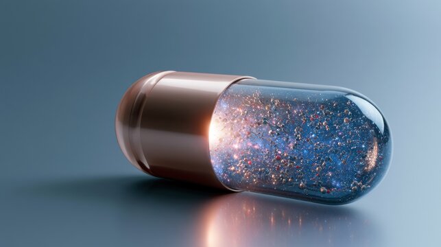 A macro shot of a single transparent capsule filled with glowing particles and liquid, resting on a sleek metallic surface