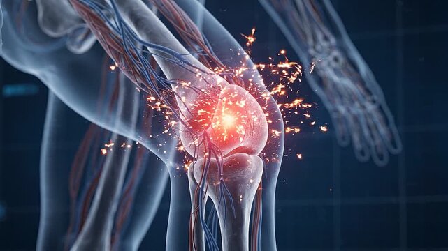 Knee Joint Pain Medical Animation Featuring Inflamed Ligaments Cartilage Anatomy Orthopedic Injury Inflammation Human Skeletal System Healthcare Diagnostic Visualization