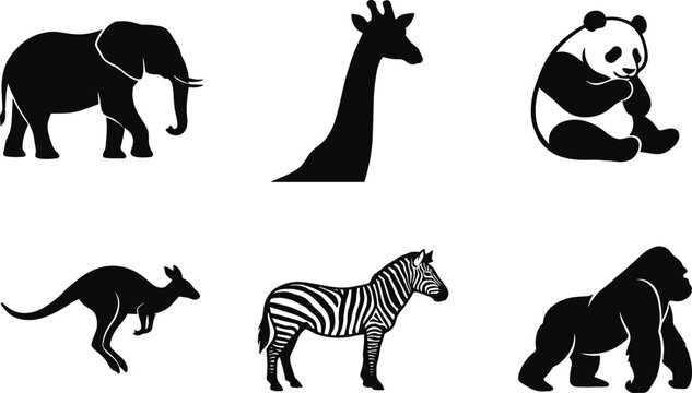 Black Silhouette Wild Animal Icon Set Featuring Elephant Giraffe Panda Bear Leaping Kangaroo Zebra and Gorilla for Zoo Nature and Wildlife Conservation Designs