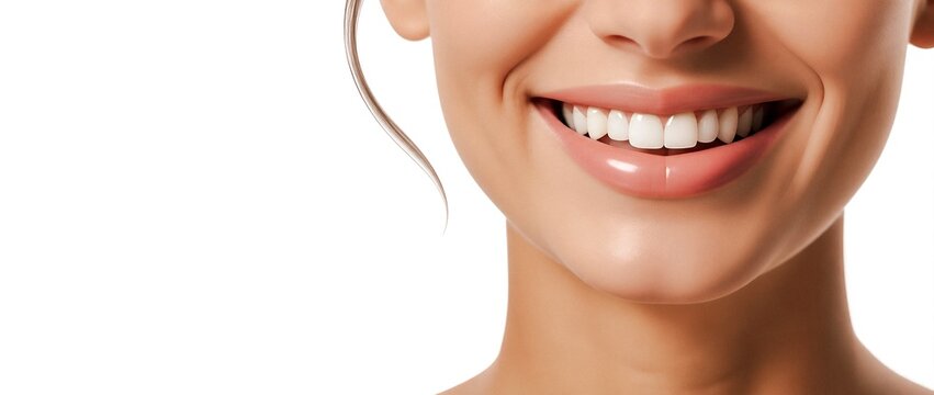 Close-up of perfect smile of a young woman with white even teeth on white background with copy space for advertising dental services and cosmetic products
