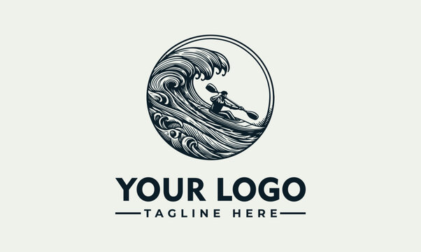 Kayak adventure in big ocean wave vector logo illustration