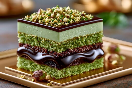 Pistachio cake with chocolate ganache and crumble topping