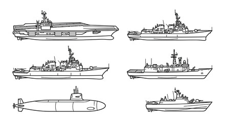Line drawing of naval warships and a submarine black and white © MdNirob