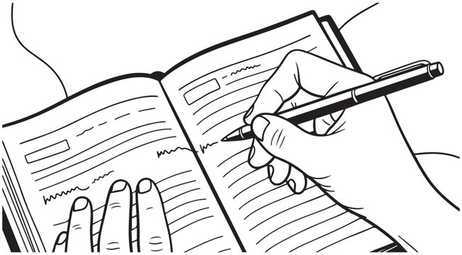 Black and white line art illustration of hands writing in an open notebook with a pen for journaling and note taking