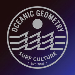 Fototapeta premium Abstract Geometric Ocean Wave Sun Vector Logo, Minimalist Circular Surf Culture Graphic for T-Shirt Print