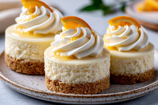 Individual orange cheesecakes topped with whipped cream