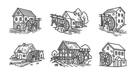 Naklejka premium Watermill Illustrations Black Line Art On White Background