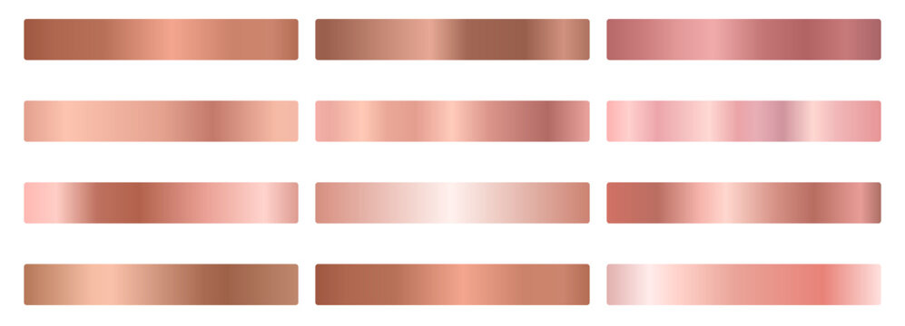 Rose gold gradient swatch set. Copper, blush, bronze, mauve, champagne foil shades. Glossy horizontal bands, dark to light. For badge, label, ribbon, frame. Vector metallic texture palette.