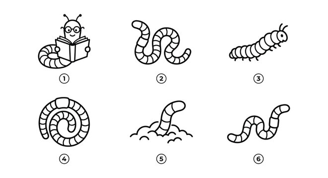 Worm illustrations black line art on a white background