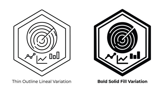 Business data analysis hexagon icon set with target chart and statistics