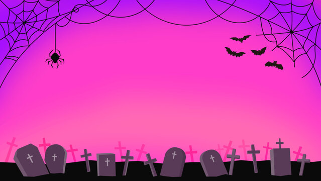 ハロウィン背景素材_蜘蛛の巣と墓場の夕暮れのイラスト