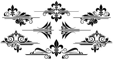 Elegant black ornamental vector set featuring classic fleur de lis and floral baroque scroll designs on white background with decorative elements © Asim