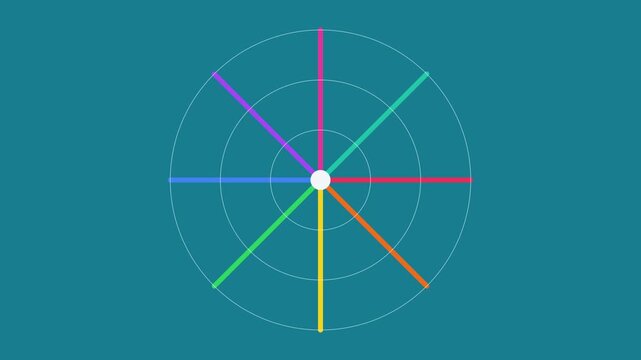 Colorful radial loading spinner animation with expanding geometric lines on teal 4k background, motion colorful