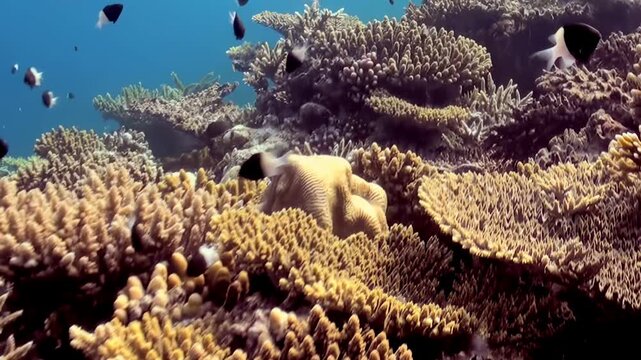 Explore magnificent coral reef beneath ocean surface bathed in clear daylight. Observe myriad fish as they glide through intricate tapestry diverse, vibrant coral, true celebration of marine splendor.