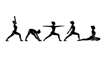 Fototapeta premium Yoga Poses Silhouette Set, Warrior, Cobra, Triangle, Fitness Sequence, Health and Wellness Vector