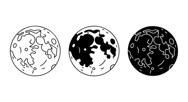 Stylized Moon Icons, Celestial Body Vector Graphics, Lunar Phases Set, Space Exploration Elements