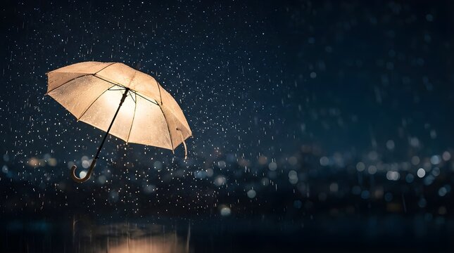 Glowing umbrella under heavy rain against blurred city night lights