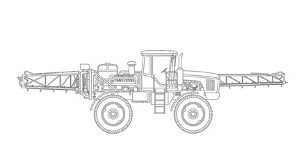 Detailed line drawing of agricultural tractor with sprayer boom with black white outline farm tractor spray boom illustration agriculture cultivation © Asim