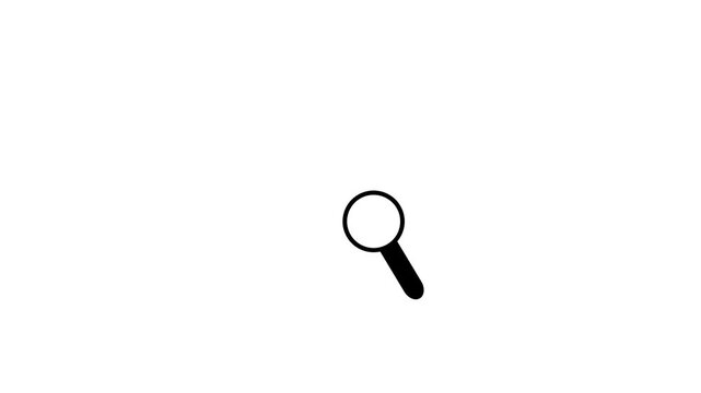 A white magnifying glass icon swipe down arrow signal.searching written below it to denote an active information scan on white background.