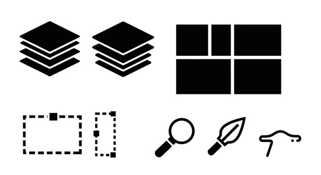 Graphic design tools with background including layered collection black graphic icons white background grid layout selection magnifying glass