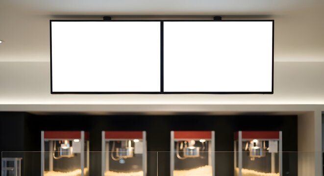 Two blank white screens above popcorn machines in a modern cinema or entertainment venue, ready for custom content.