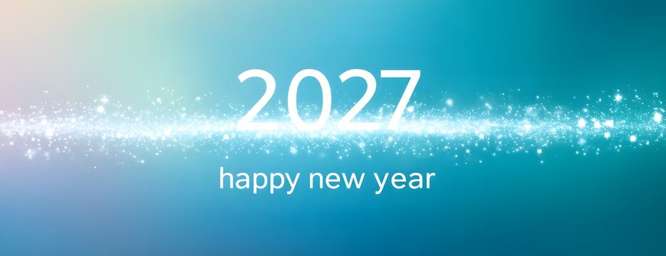 Horizontallayout f&uuml;r Neujahrsbanner 2027 mit festlichem Bokeh und funkelnden Partikeln auf blauem Hintergrund