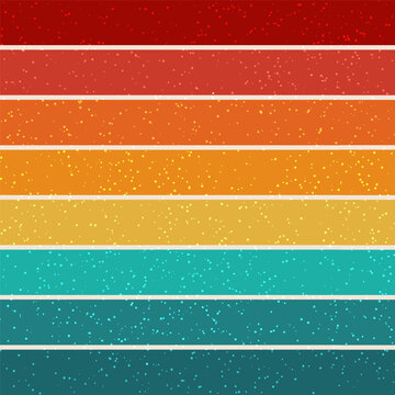 Retro 70s 80s vintage background vector with horizontal sunset stripes gradient from red orange yellow to teal color and speckles texture, minimalist abstract graphic wallpaper design