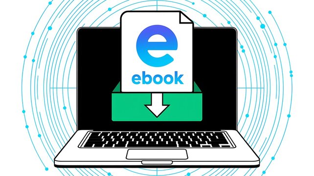 Ebook download illustration, digital book concept, laptop with ebook, electronic publishing