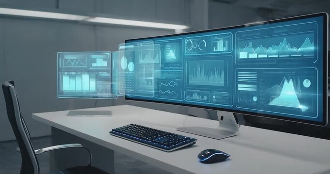 Digital dashboard on computer screen with data analysis and charts