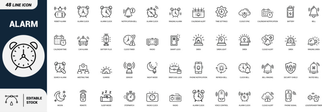 Alarm clock line art icons set robot alarm, notification bell, ringing alarm, calendar alert, time settings, battery, bell, siren Web icon App icon Outline icon Editable stroke line art Vector EPS