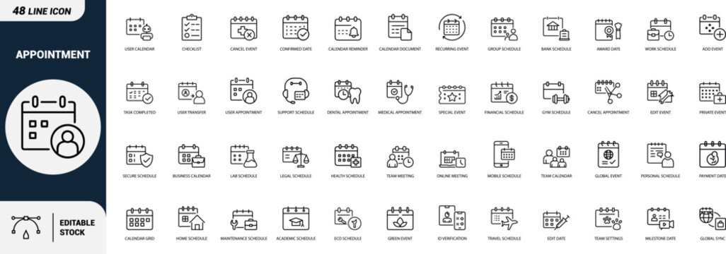 Appointment calendar icon set user calendar, checklist, cancel event, confirmed date, reminder, recurring event, group schedule Web icon, App icon, Outline icon, Editable stroke, line art, Vector EPS