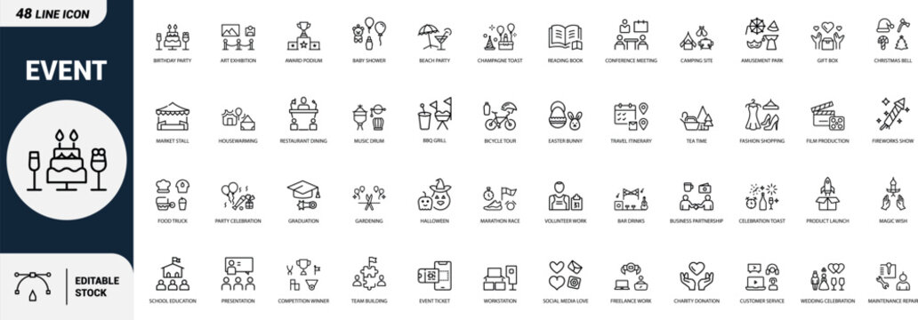 Event line art icons set birthday party, award podium, baby shower, beach party, champagne toast, conference meeting, camping site, amusement park Web icon App icon Outline icon Editable stroke, line 
