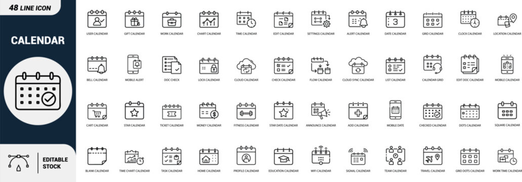 Calendar line art icons set user calendar, gift calendar, work calendar, chart calendar, time calendar, edit calendar, settings calendar, alert calendar, date calendar Web icon App icon Outline icon E