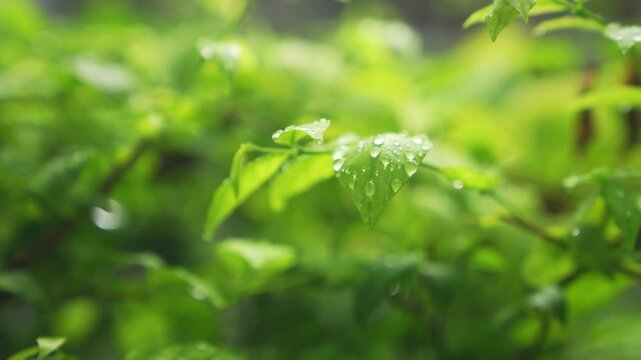 Fresh green leaves with water droplets after rain.