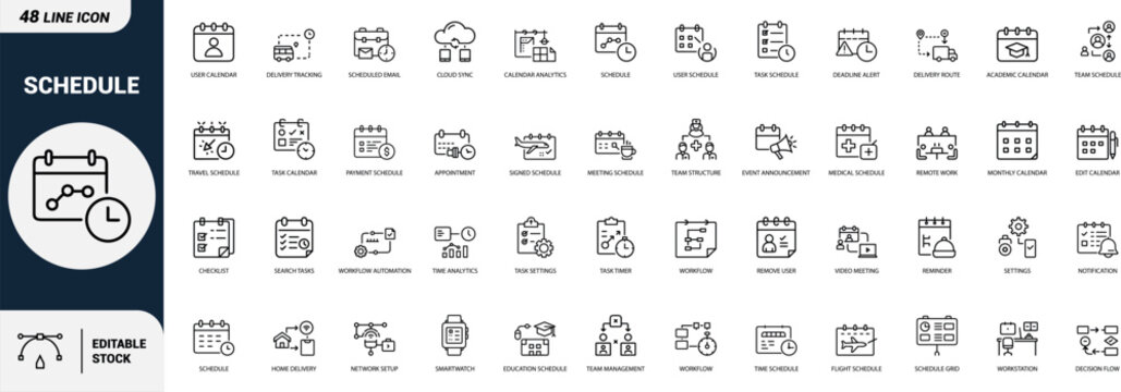 Schedule line art icons set user calendar, task schedule, deadline alert, appointment, checklist, workflow, reminder, notification Web icon App icon Outline icon Editable stroke, line art, Vector EPS