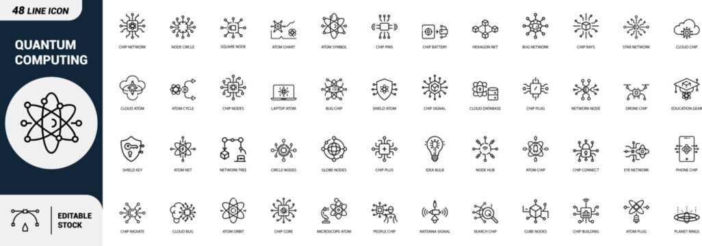 Quantum computing line art icons set chip network, atom symbol, node circle, bug network, cloud chip, shield atom, chip signal, laptop atom Web icon App icon Outline icon Editable stroke, line art, Ve