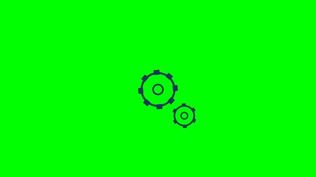 Rotating mechanical gear animation features dark blue industrial cogs spinning on a vivid green screen background for modern motion video