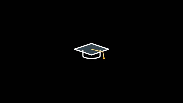 Graduation cap icon with a dangling yellow tassel floats in a minimalist digital motion video clip for academic success themes
