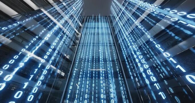 Digital data stream flowing through modern architecture high rise building