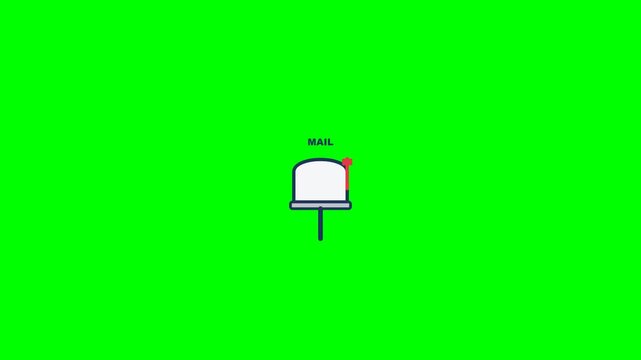 Mailbox with rising red flag animation icon showing delivery notification status on a vibrant solid green screen video clip